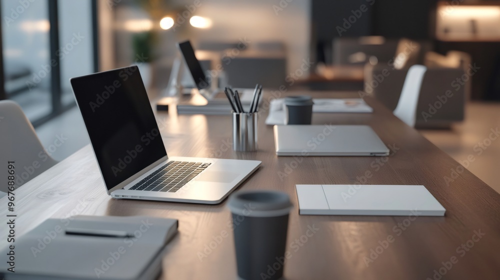 A modern office desk with a laptop, a notebook, and a cup of coffee. A modern office desk with a laptop, a notebook, and a cup of coffee.