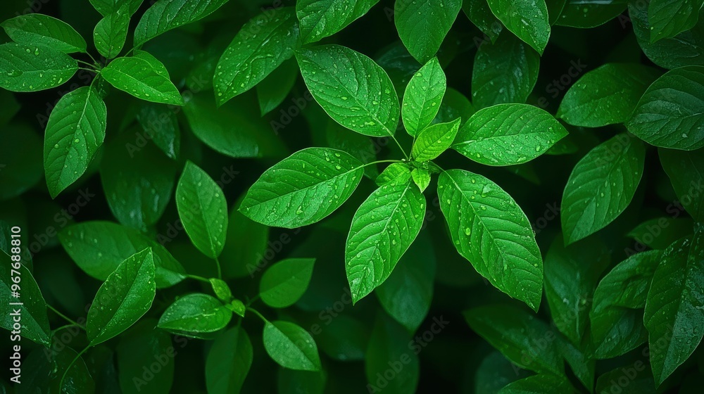 Lush Green Leaves with Dew Drops Lush Green Leaves with Dew Drops