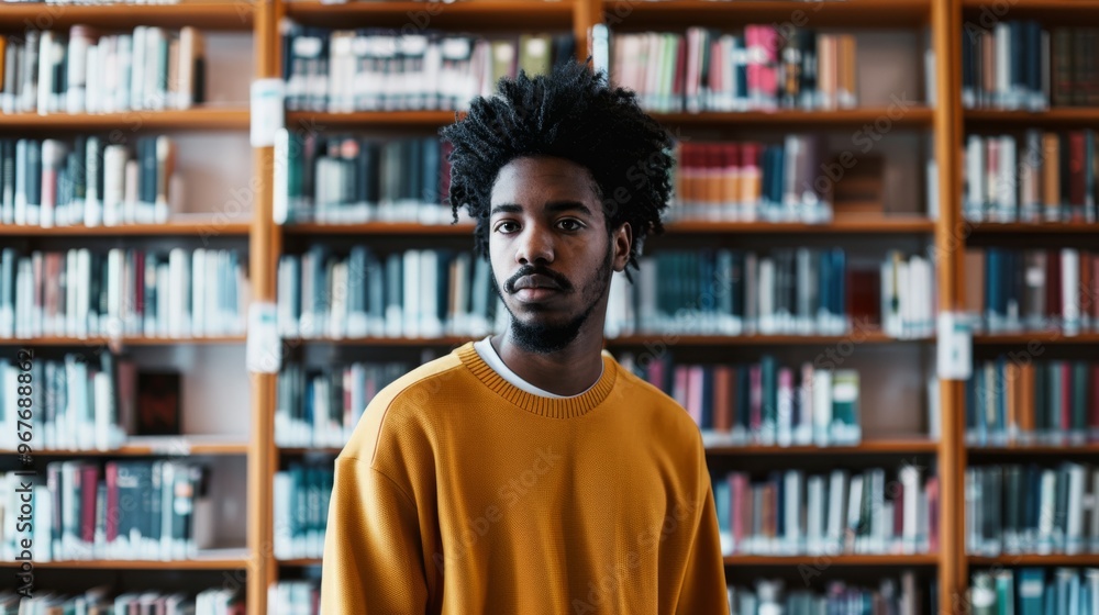 A thoughtful man in an orange sweater stands in a library, surrounded by rows of books, highlighting an academic or reflective moment. A thoughtful man in an orange sweater stands in a library, surrounded by rows of books, highlighting an academic or reflective moment.