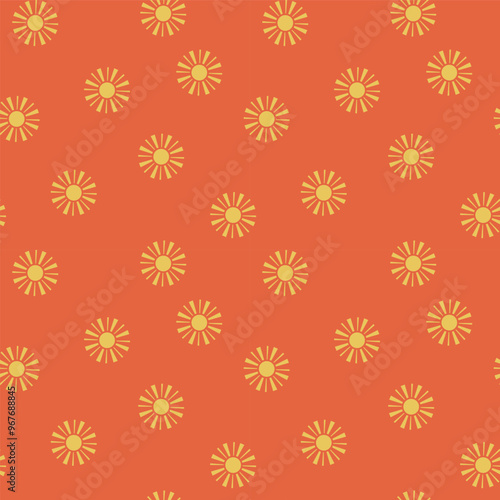 Boho sun vector seamless pattern. Modern simple sun shapes on orange background. Groovy celestial surface design for textile, fabric, decor, paper. Cute retro repeat tile