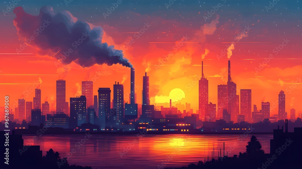 Flat vector illustration of a factory emitting smoke, with urban buildings in the background, using geometric forms and vibrant colors for a clean industrial landscape. Flat vector illustration of a factory emitting smoke, with urban buildings in the background, using geometric forms and vibrant colors for a clean industrial landscape.