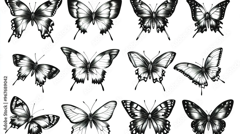 A collection of detailed black and white butterfly illustrations showcasing various species and wing patterns on a white background A collection of detailed black and white butterfly illustrations showcasing various species and wing patterns on a white background
