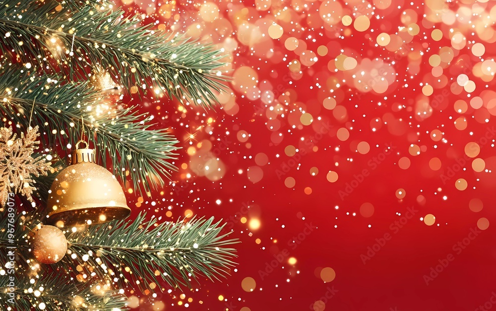 Christmas decoration with fir tree branches and gold glitter confetti and sparkling lights blur bokeh on red background. Christmas decoration with fir tree branches and gold glitter confetti and sparkling lights blur bokeh on red background.