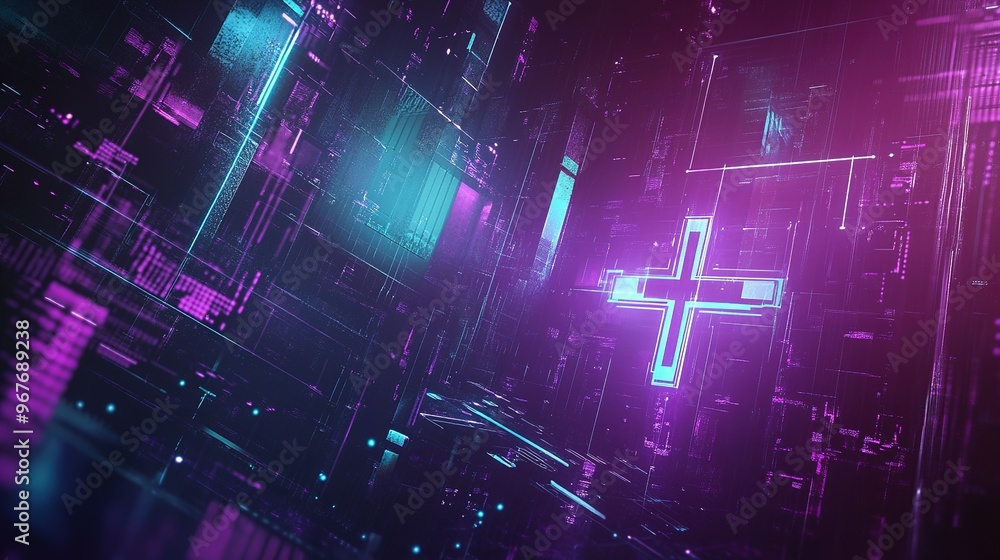 Obraz premium Futuristic digital landscape featuring vibrant neon colors and geometric patterns in a virtual mesh environment