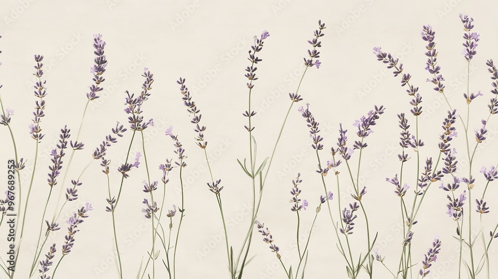 Fototapeta premium Delicate lavender flowers growing in an elegant arrangement against a soft cream background during a calm afternoon
