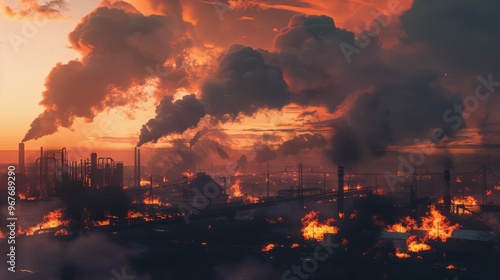 A dramatic scene of industrial plants belching thick smoke into a fiery sunset sky, illustrating pollution and environmental impact.