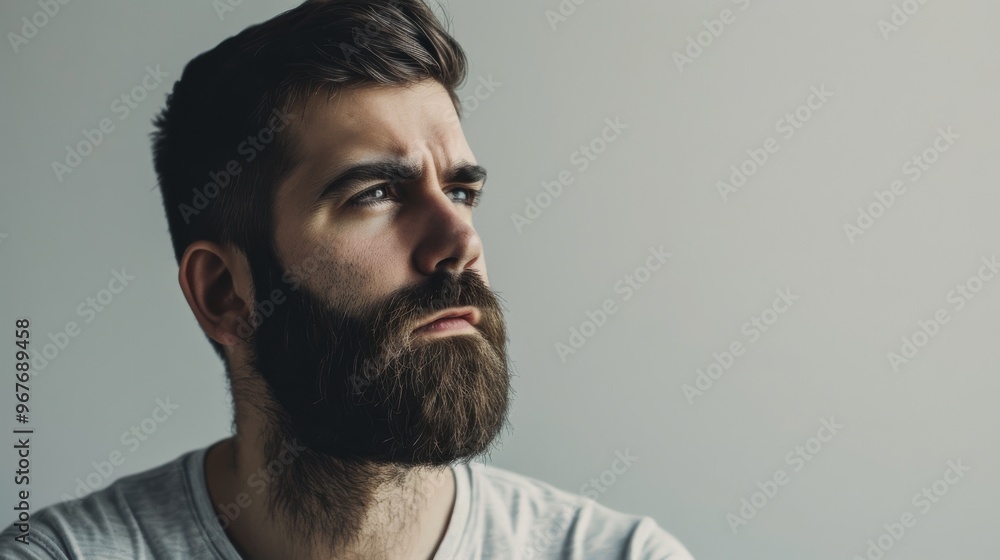 Obraz premium A thoughtful young man with a dense beard looks pensive, gazing into the distance in front of a plain backdrop, reflecting a mood of introspection.