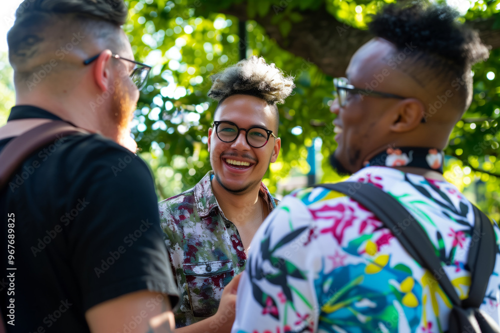 Group of men enjoying a lively conversation and laughing together outdoors Group of men enjoying a lively conversation and laughing together outdoors