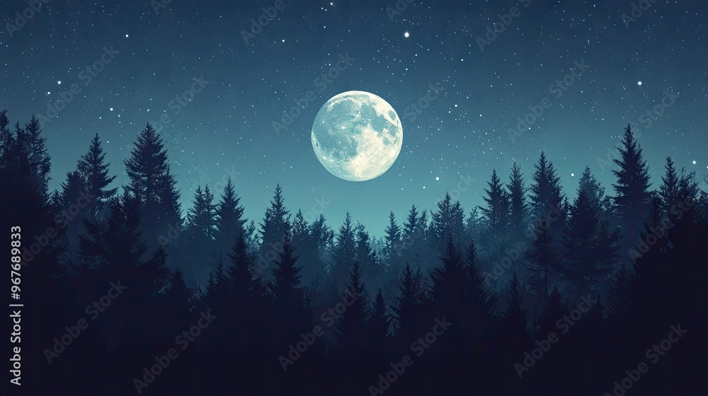 Moonrise over a quiet forest, with stars twinkling above, creating a peaceful night nature scene. Moonrise over a quiet forest, with stars twinkling above, creating a peaceful night nature scene.