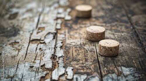 Three circular cork stoppers rest on a rustic, weathered wooden surface, creating a contrast between the natural cork and the distressed wood.