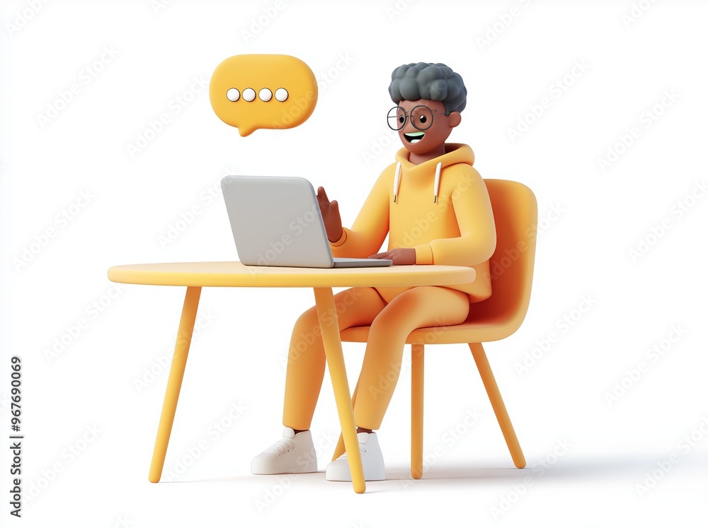 Fototapeta premium Man in Orange Outfit Working on Laptop at Desk