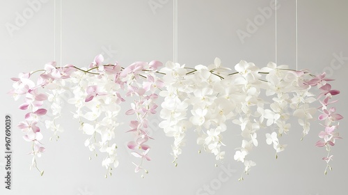 Delicate hanging floral arrangement featuring pink and white orchids in a bright, minimalist indoor setting