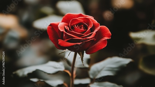 A vibrant red rose blooming amidst lush green leaves in a tranquil garden setting during late afternoon