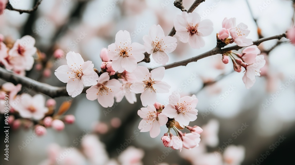 Spring blossoms on cherry tree branches display delicate pink flowers in a serene setting during a calm afternoon Spring blossoms on cherry tree branches display delicate pink flowers in a serene setting during a calm afternoon