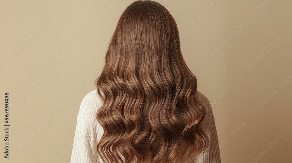 back view of a girl with long voluminous wavy brown hair, elegant flowing locks, natural beauty and fashion hairstyle concept, perfect for feminine style and hair texture back view of a girl with long voluminous wavy brown hair, elegant flowing locks, natural beauty and fashion hairstyle concept, perfect for feminine style and hair texture