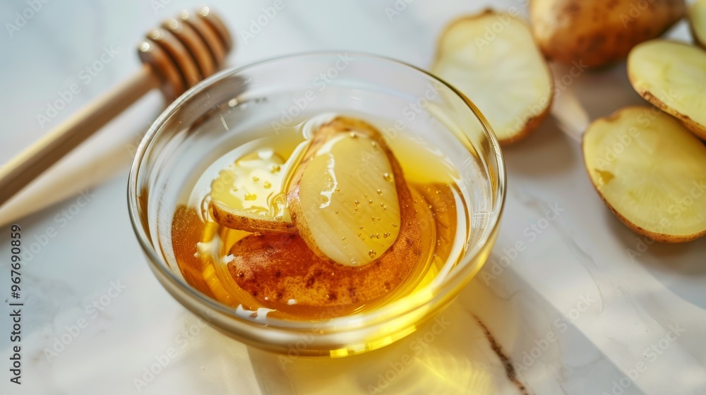 A glass bowl filled with golden honey and potato slices, accompanied by a wooden honey dipper on a sunlit marble surface. A glass bowl filled with golden honey and potato slices, accompanied by a wooden honey dipper on a sunlit marble surface.