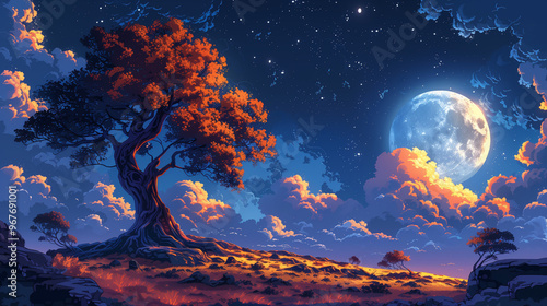 A vibrant night sky with a glowing full moon, silhouetted tree, and orange-tinged clouds under a starry sky