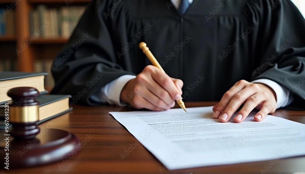 A judge at their desk signing an official legal order or ruling, with law books A judge at their desk signing an official legal order or ruling, with law books