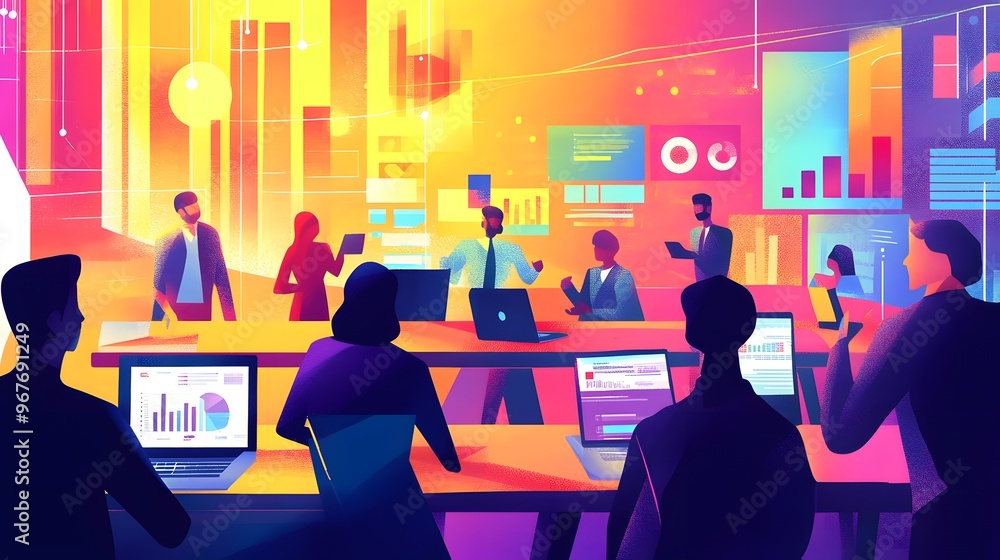 A vibrant illustration of an interactive digital conference room, with people gathered around tables using laptops and tablets to engage in lively discussions about global market trends and product A vibrant illustration of an interactive digital conference room, with people gathered around tables using laptops and tablets to engage in lively discussions about global market trends and product
