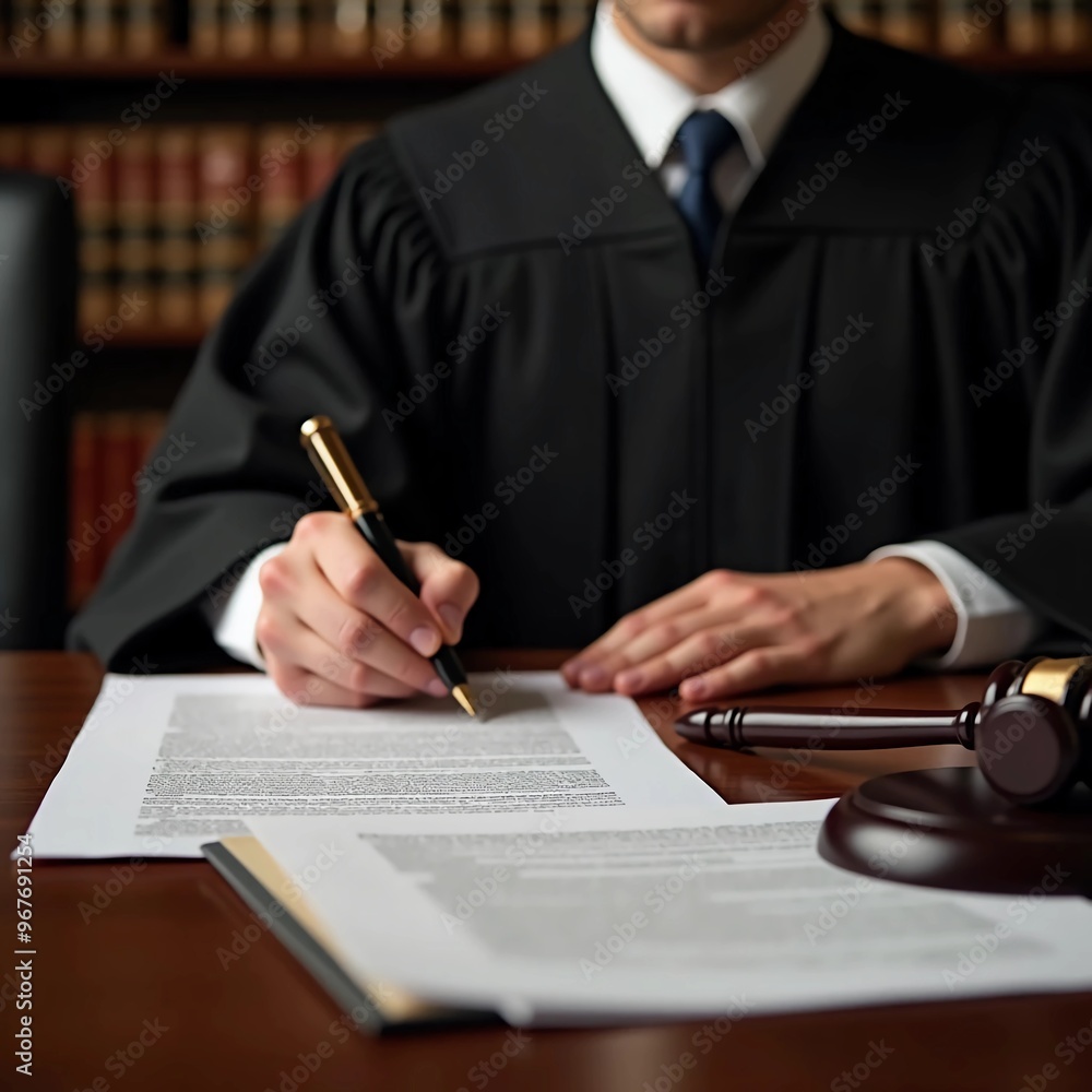 A judge at their desk signing an official legal order or ruling, with law books A judge at their desk signing an official legal order or ruling, with law books