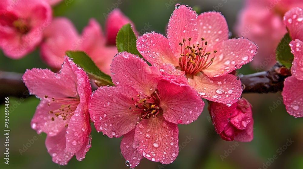 Fototapeta premium Pink blossoms covered in dew glisten under soft morning light in a tranquil garden setting
