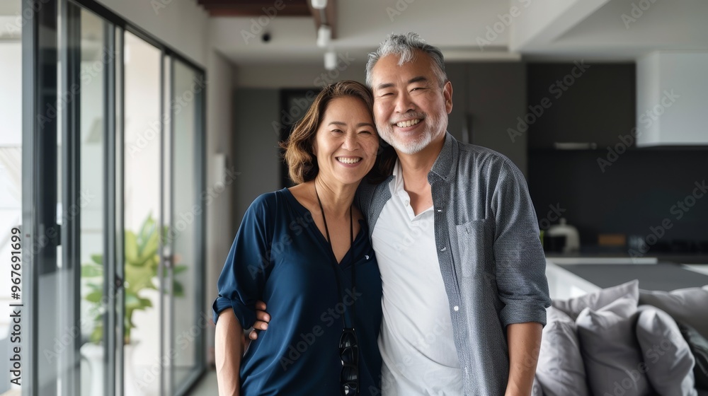 A cheerful couple stands arm in arm, smiling warmly in their modern, sunlit home, presenting a sense of love and contentment. A cheerful couple stands arm in arm, smiling warmly in their modern, sunlit home, presenting a sense of love and contentment.