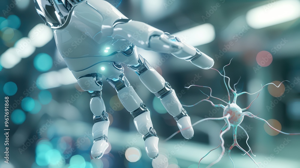 A futuristic robotic hand reaching out towards a glowing neural network, symbolizing the intersection of technology and biology. A futuristic robotic hand reaching out towards a glowing neural network, symbolizing the intersection of technology and biology.