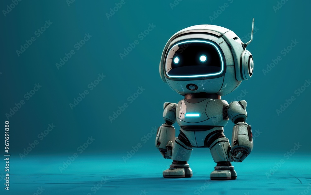 Cute White Robot Posing on a Blue Background Cute White Robot Posing on a Blue Background