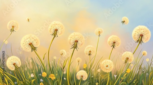 A vibrant field of dandelions swaying gently under a colorful sky during a serene sunrise