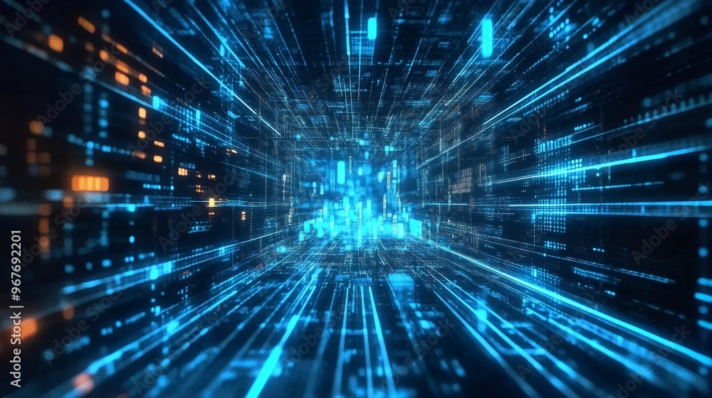 Fototapeta premium Abstract blue and orange digital tunnel with lines of data.