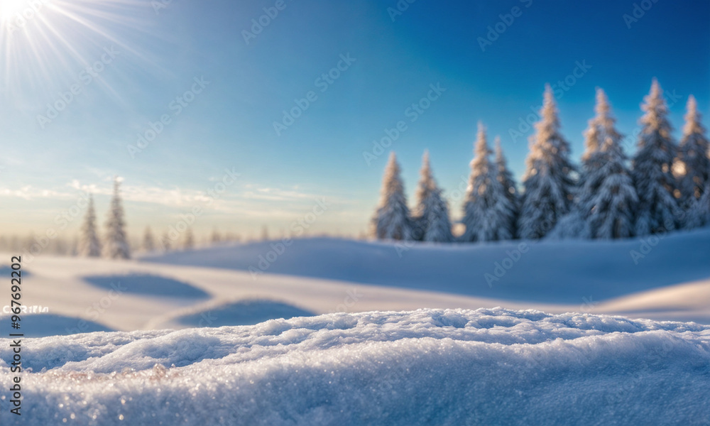 Winter snow background with snowdrifts, with beautiful light and snow flakes on the blue sky, beautiful bokeh circles, banner format, copy space. Winter snow background with snowdrifts, with beautiful light and snow flakes on the blue sky, beautiful bokeh circles, banner format, copy space.