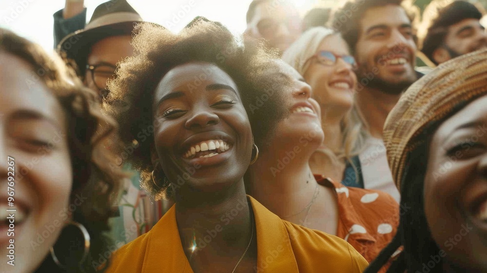 A close-knit group of young people smiling and basking in the sunlight at a vibrant outdoor event. A close-knit group of young people smiling and basking in the sunlight at a vibrant outdoor event.