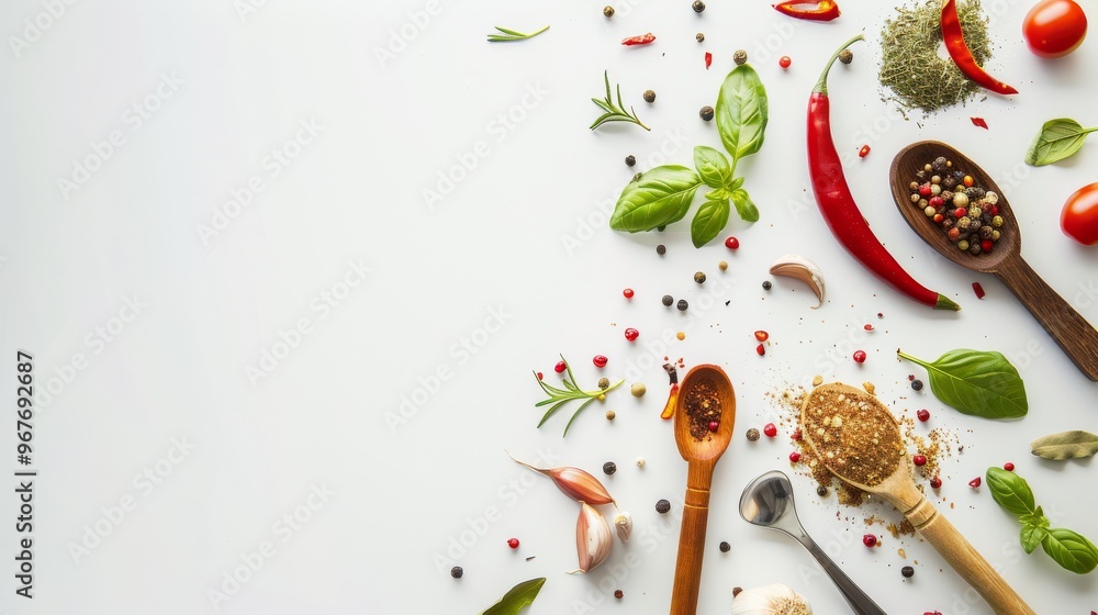 An arrangement of fresh herbs, spices, and wooden spoons on a white background captures the essence of culinary creativity and natural flavor. An arrangement of fresh herbs, spices, and wooden spoons on a white background captures the essence of culinary creativity and natural flavor.