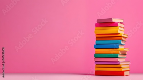 Stack of Colorful Books on Pink Background