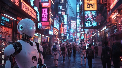 Futuristic Cyborg Walking in Neon City Street