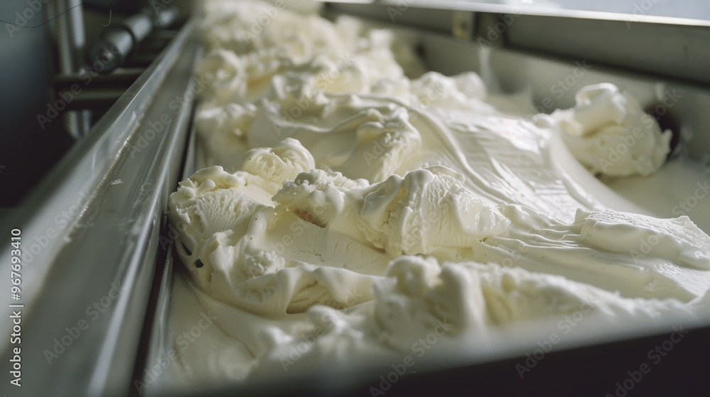 A production line filled with freshly made, smooth ice cream, showing the texture and volume in a factory setting. A production line filled with freshly made, smooth ice cream, showing the texture and volume in a factory setting.