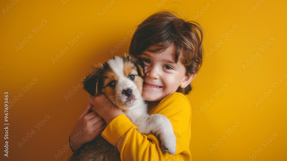 A young boy in a yellow shirt warmly embraces a small puppy, both smiling and set against a bright yellow background, radiating pure joy and companionship. A young boy in a yellow shirt warmly embraces a small puppy, both smiling and set against a bright yellow background, radiating pure joy and companionship.
