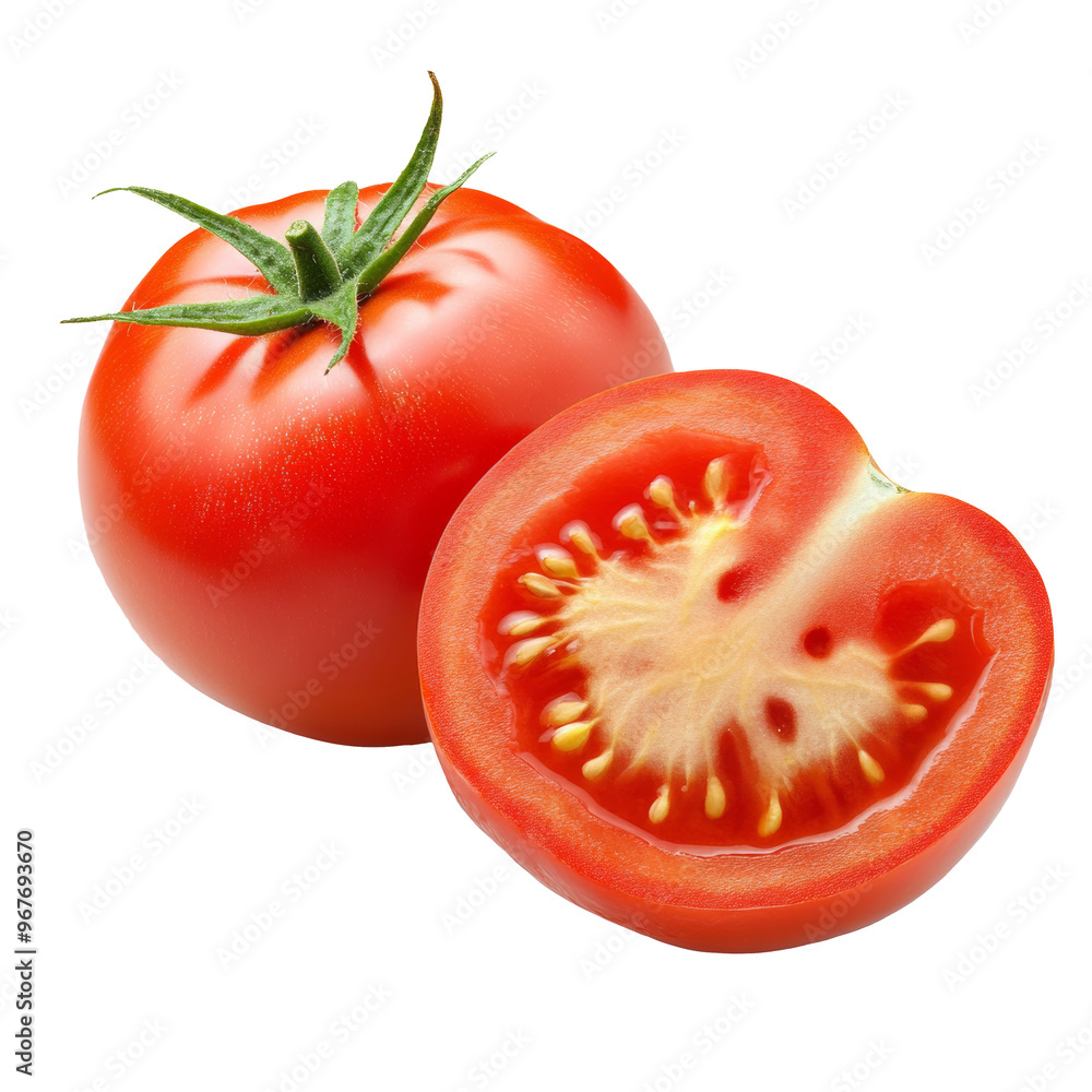 Whole tomato with half sliced tomato. Isolated on transparent background. PNG design element. Whole tomato with half sliced tomato. Isolated on transparent background. PNG design element.