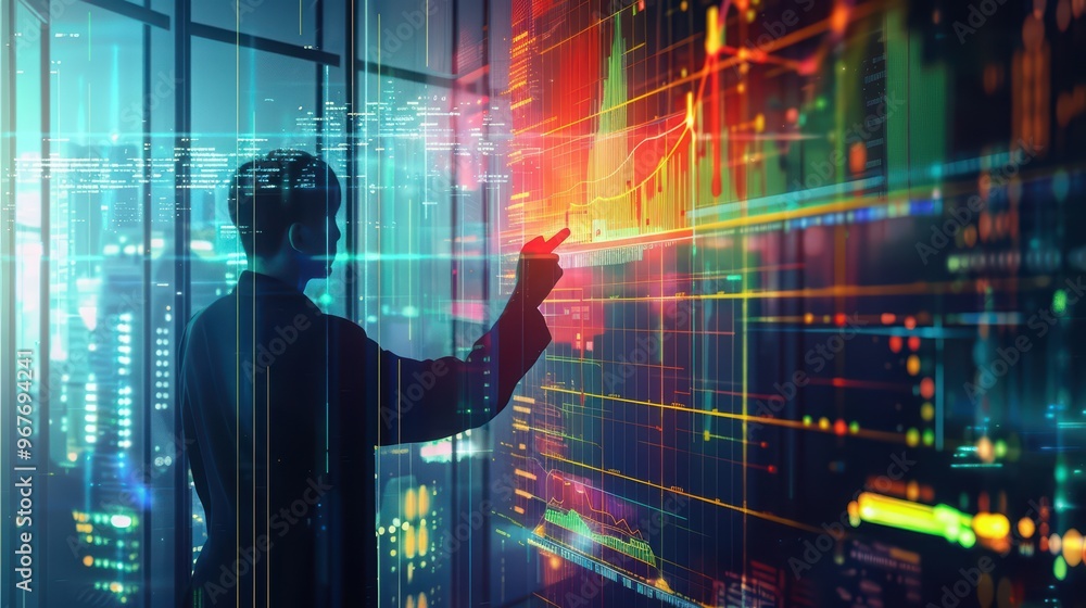 A professional analyzing data with digital graphs in a modern office environment, representing innovation and technology. A professional analyzing data with digital graphs in a modern office environment, representing innovation and technology.