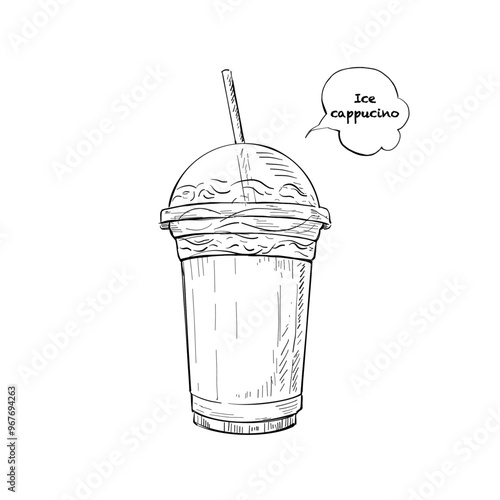 Illustration hand drawn Ice Cappuccino with mile foam ink style on white background.