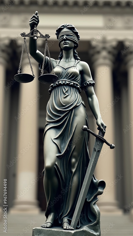 Lady Justice holding scales in one hand and a sword in the other, with her eyes covered Lady Justice holding scales in one hand and a sword in the other, with her eyes covered