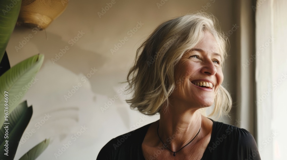 An older woman beams with joy and contentment as sunlight streams through a window, bathing her in a warm, natural glow. An older woman beams with joy and contentment as sunlight streams through a window, bathing her in a warm, natural glow.