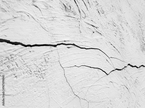 Cracked plaster black and white. Cracks in the wall. Damaged gray, white plaster. Cracks on the wall close up photo