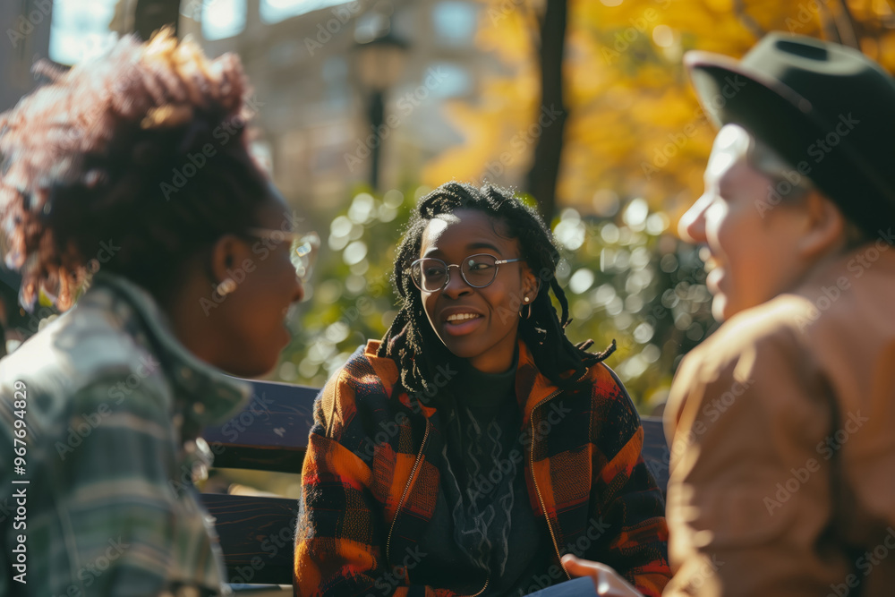 Obraz premium Young people of different nationalities talking in a park
