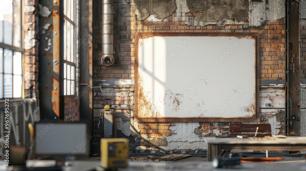 A rustic workspace featuring a blank whiteboard against a weathered brick wall, ideal for creative brainstorming or planning. A rustic workspace featuring a blank whiteboard against a weathered brick wall, ideal for creative brainstorming or planning.