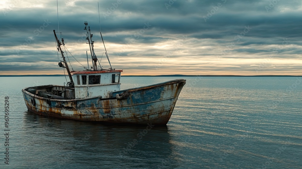 An Old, Rusted Fishing Boat Anchored in Calm Waters An Old, Rusted Fishing Boat Anchored in Calm Waters