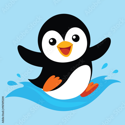 Cute baby penguin sliding on ice, a vibrant vector illustration perfect for children's designs.