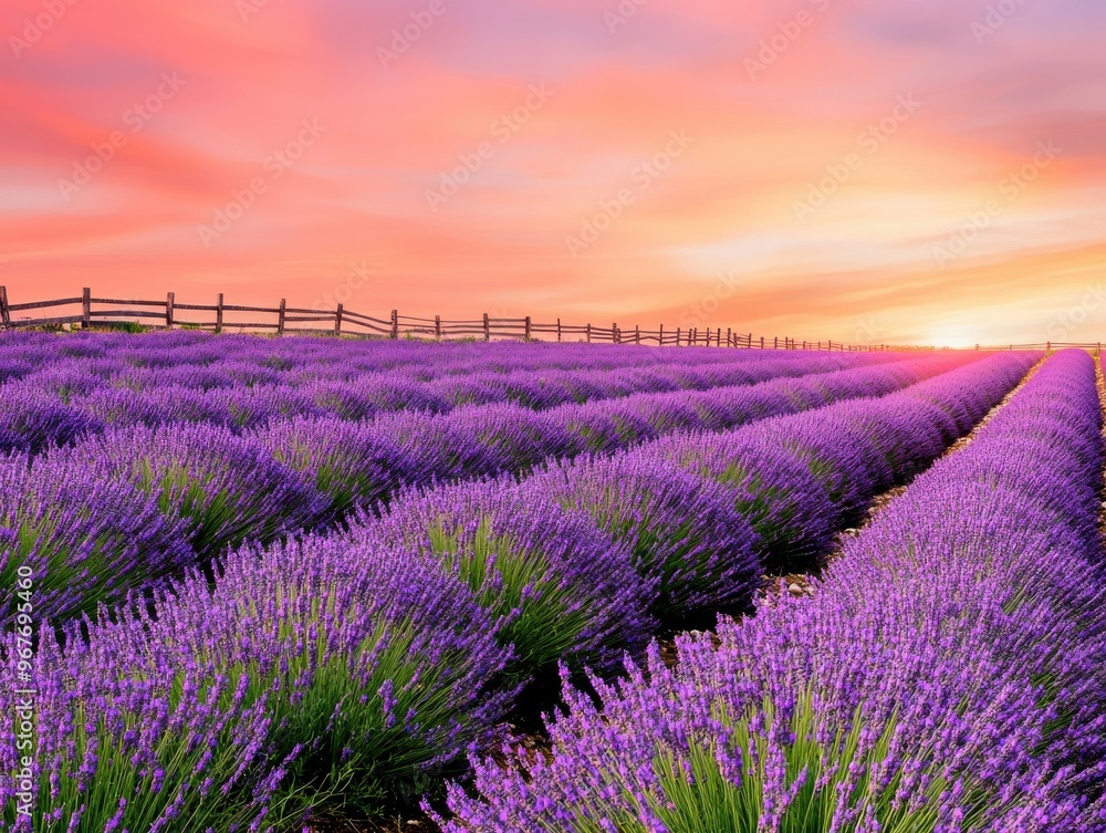 Obraz premium Stunning lavender field at sunset with vibrant colors and rows of blooming flowers creating a picturesque landscape.