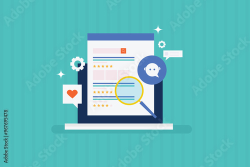 Search engine chat bot, AI chat bot integrated with search engine, AI generating search engine result. AI Search result suggestion. Vector illustration background.