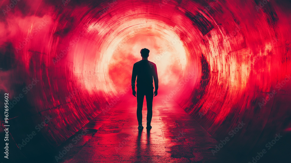 Silhouette of a man in dark tunnel with red light Silhouette of a man in dark tunnel with red light